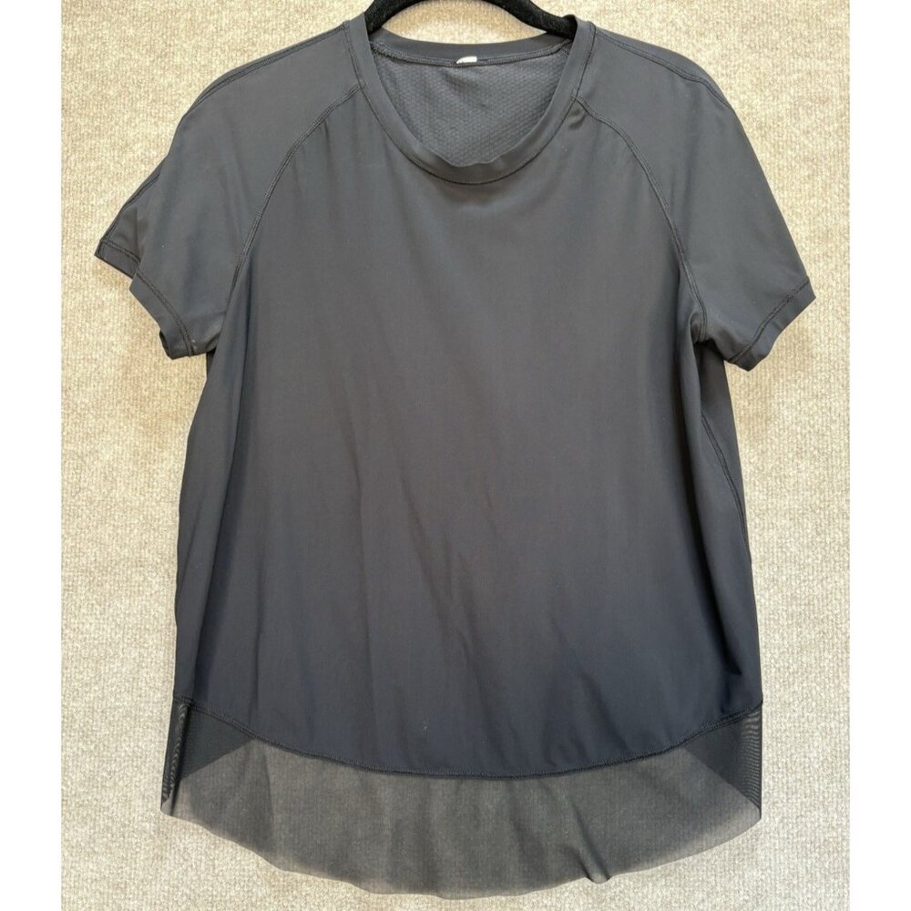 Lululemon Women's Blouse Black Medium Romantic Sheer Mesh Short Sleeve
